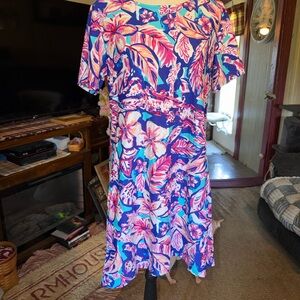 Vibrant Floral A-Line Dress in Blue & Pink